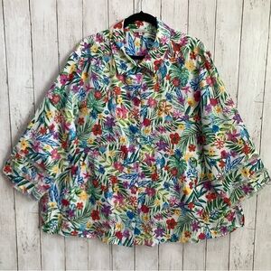 John Mark 100% Linen  2X  Floral Print Point Collar 3/4 Sleeve Front Tunic NWT